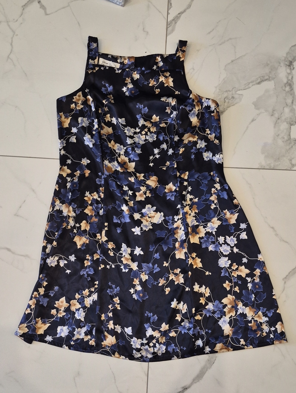 Floral Camisole Dress in Navy Blue and Tan